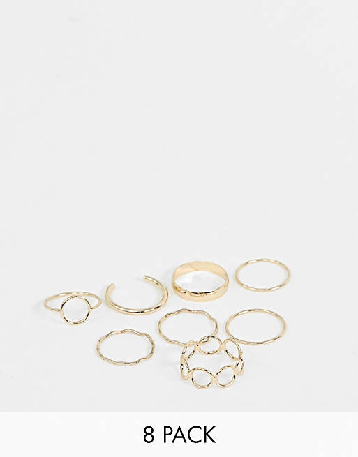 ASOS DESIGN pack of 8 rings with minimal circle designs in gold