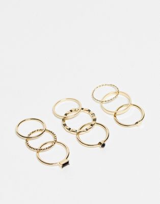 ASOS DESIGN pack of 9 rings with black enamel design in gold tone