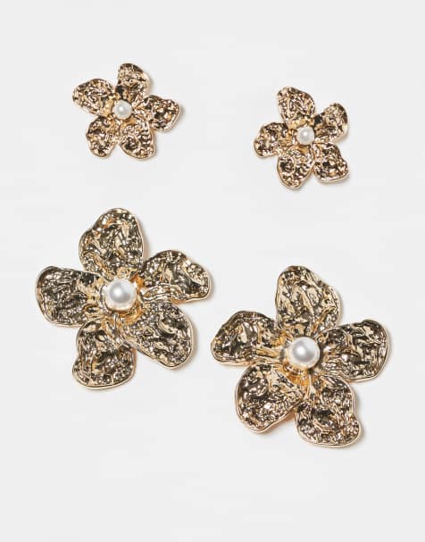 ASOS DESIGN pack of floral earrings with floral cuff in gold tone - view 1
