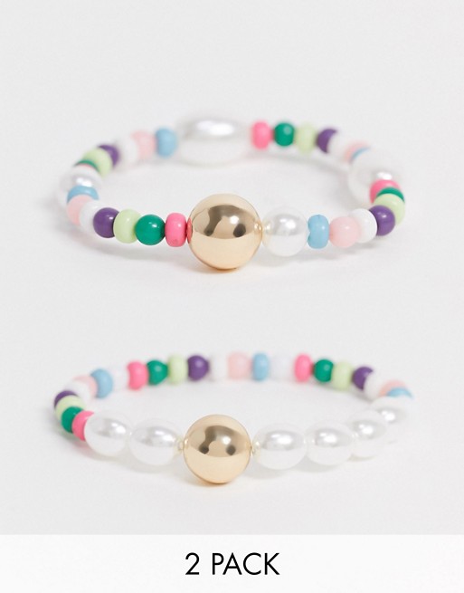 ASOS DESIGN pack of two beaded bracelets with pearl and gold bead detail