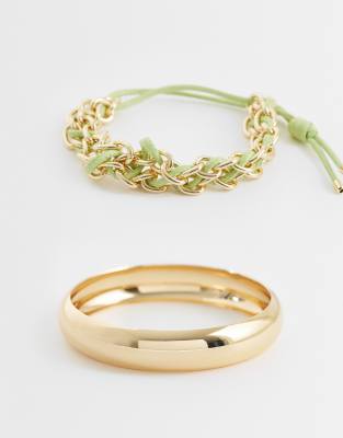 Asos Design Pack Of Two Bracelets Rope Detailed And Bangle In Gold