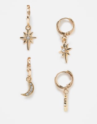 ASOS DESIGN pack of two huggie hoop earrings with celestial charms in gold tone