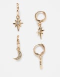[ASOS DESIGN] ASOS DESIGN pack of two huggie hoop earrings with celestial charms in gold tone No Size GOLD