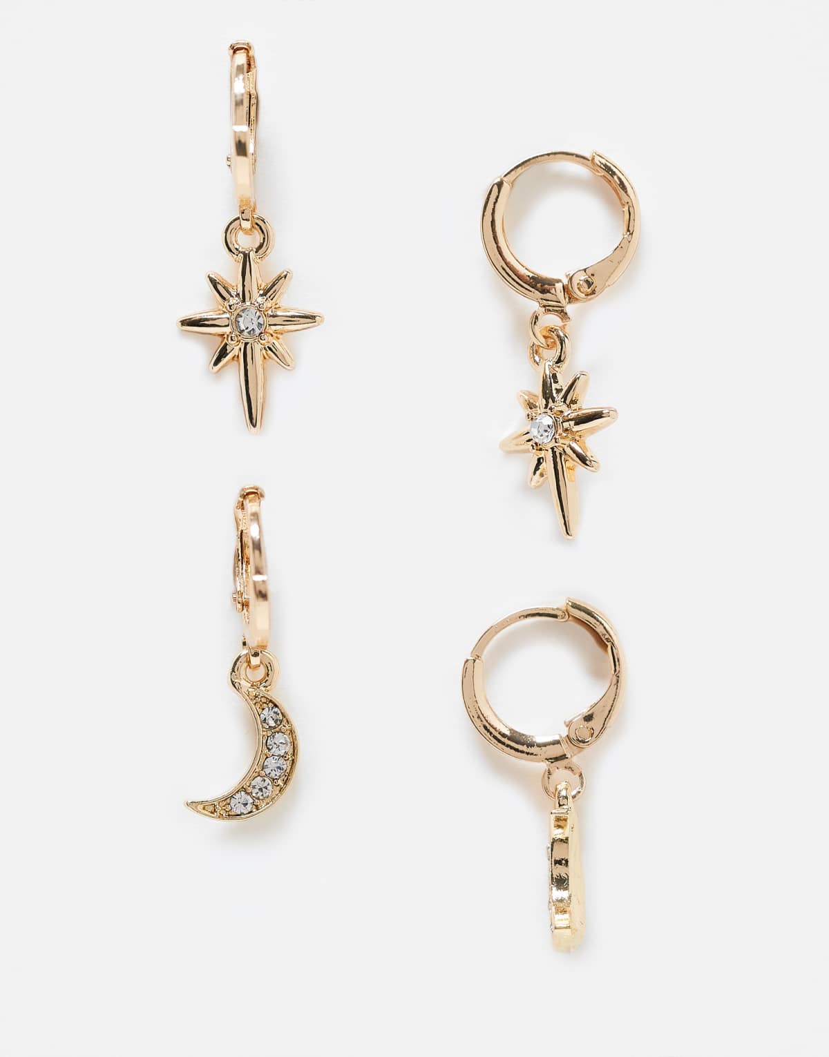 ASOS DESIGN pack of two huggie hoop earrings with celestial charms in gold tone