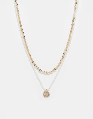 Asos Design Pack Of Two Necklaces With Chain And Faux Pearl Row And Texture Gold-tone Pendant