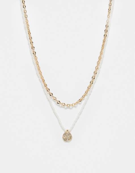 ASOS DESIGN pack of two necklaces with chain and faux pearl row and texture gold-tone pendant - view 1