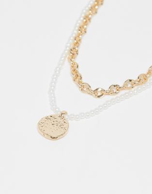 Asos Design Pack Of Two Necklaces With Chain And Faux Pearl Row And Texture Gold-tone Pendant