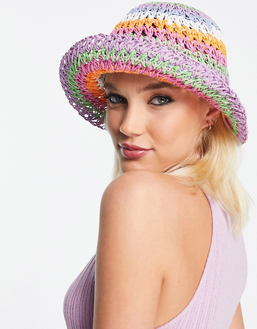 ASOS DESIGN packable crochet straw bucket hat and size adjuster in rainbow-Multi