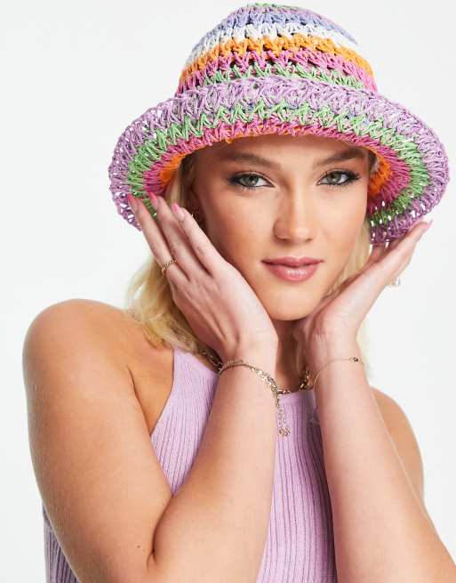 ASOS DESIGN packable crochet straw bucket hat and size adjuster in rainbow , 3 of 4