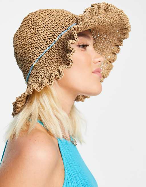 ASOS DESIGN packable frill edge crochet straw bucket hat in neutral with beaded band 