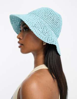 Asos Design Packable Straw Crochet Bucket Hat In Blue In Blue