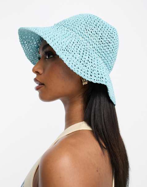 ASOS DESIGN packable straw crochet bucket hat in blue - view 1