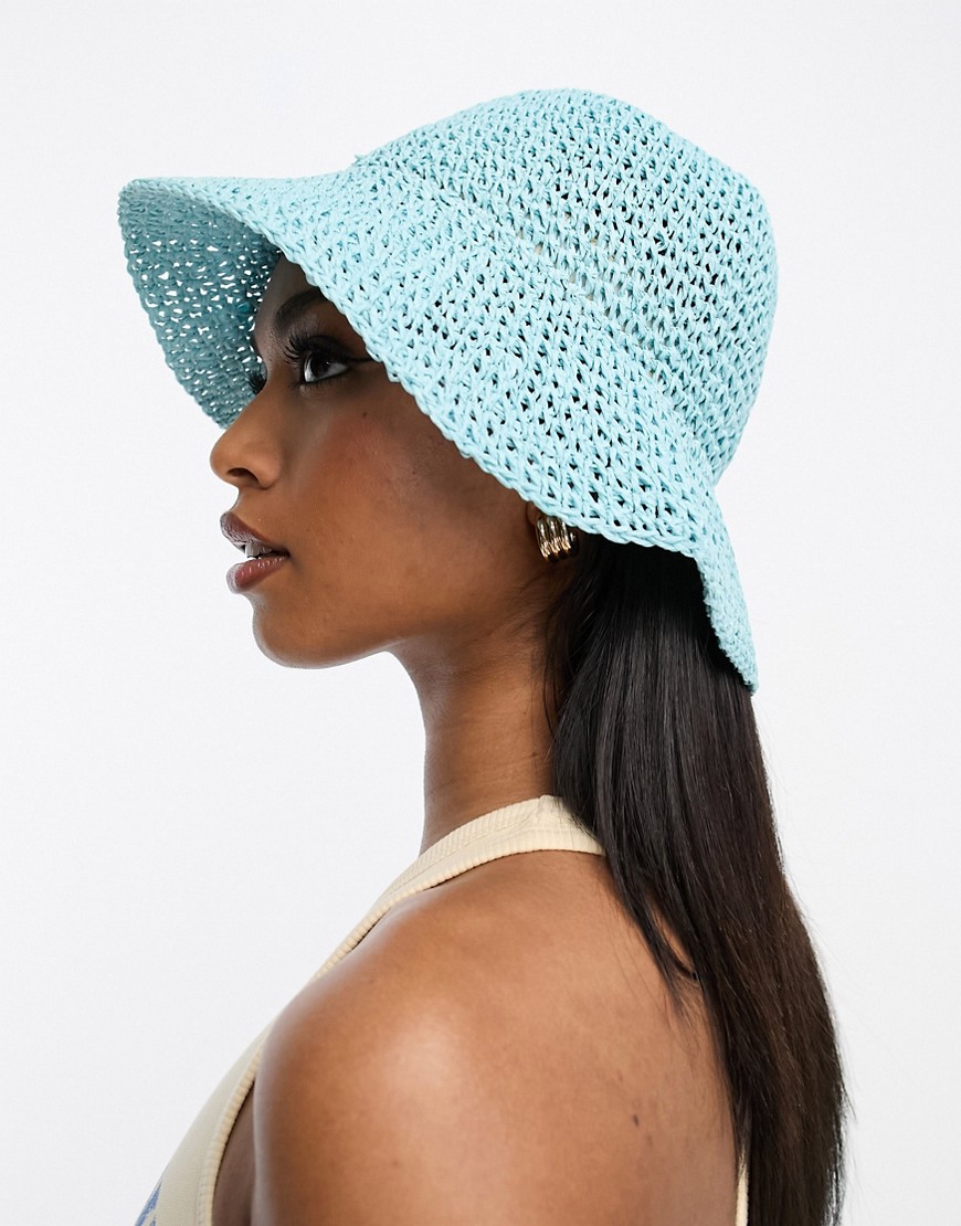 ASOS DESIGN packable straw crochet bucket hat in blue