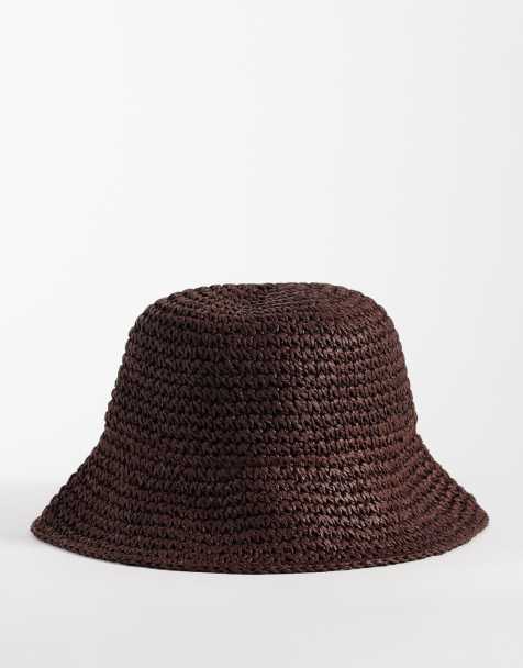 ASOS DESIGN packable straw crochet bucket hat in chocolate - view 1