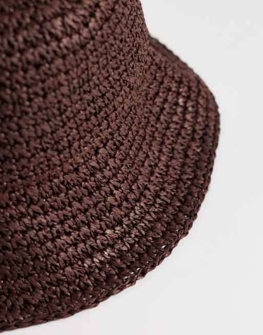 ASOS DESIGN packable straw crochet bucket hat in chocolate, 3 of 3