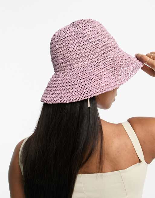 ASOS DESIGN packable straw crochet bucket hat in mixed pink, 4 of 4