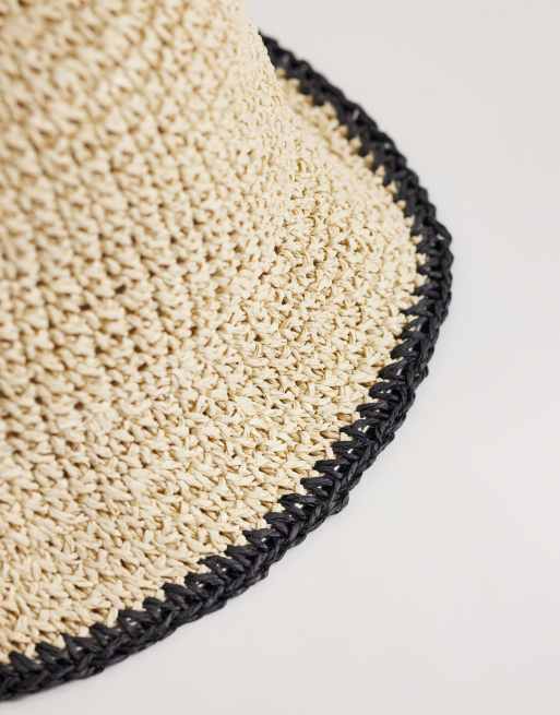 ASOS DESIGN packable straw crochet bucket hat in natural with tipped edge, 3 of 3