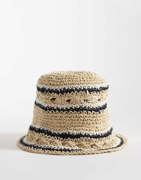ASOS DESIGN packable straw open weave stripe bucket hat