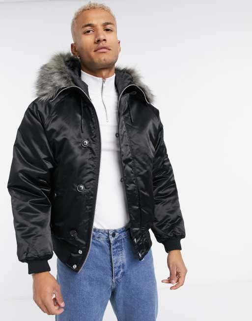 ASOS DESIGN padded bomber jacket with faux fur hood in black