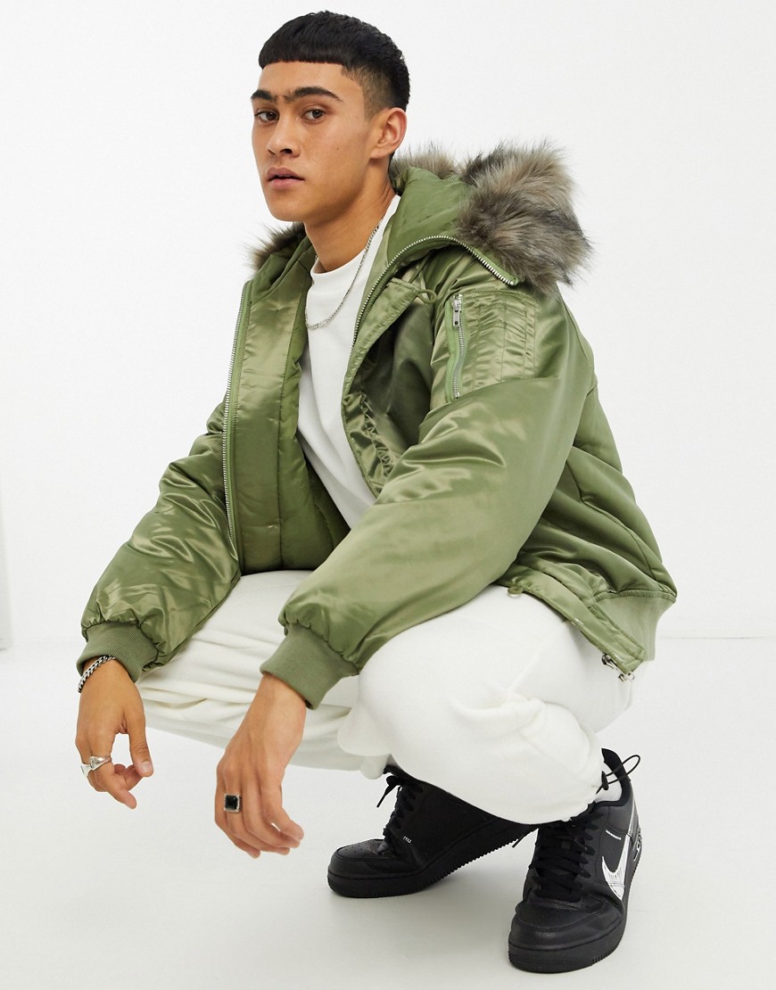 ASOS DESIGN padded bomber jacket with faux-fur hood in khaki-Green