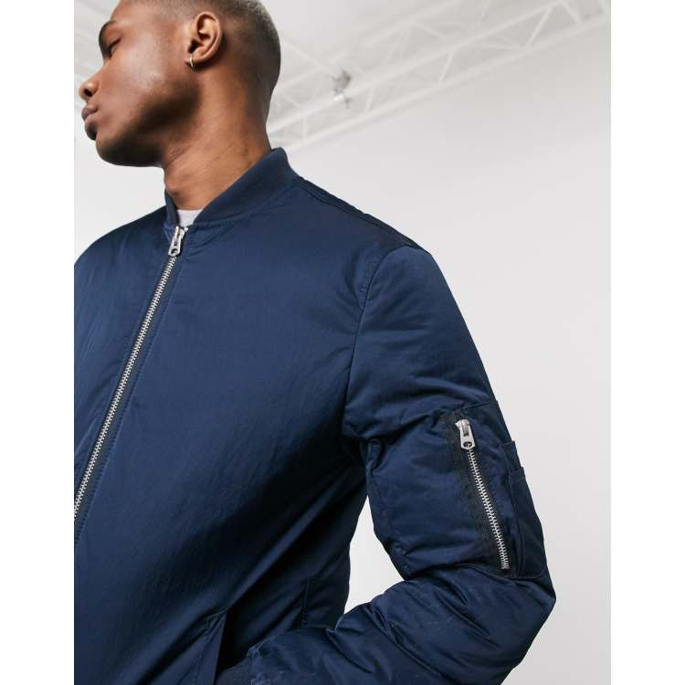 ASOS DESIGN padded bomber jacket with MA1 in navy satin finish