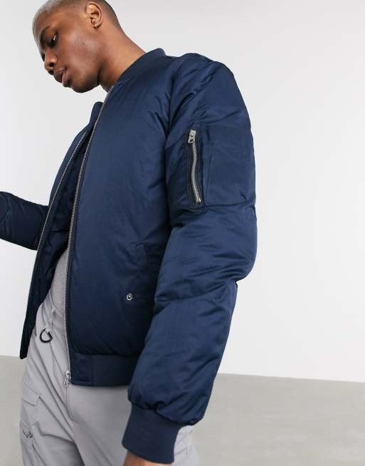 Navy satin bomber clearance jacket