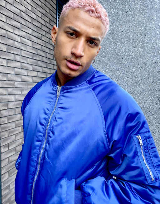 ASOS DESIGN padded bomber jacket with MA1 pocket in high shine blue