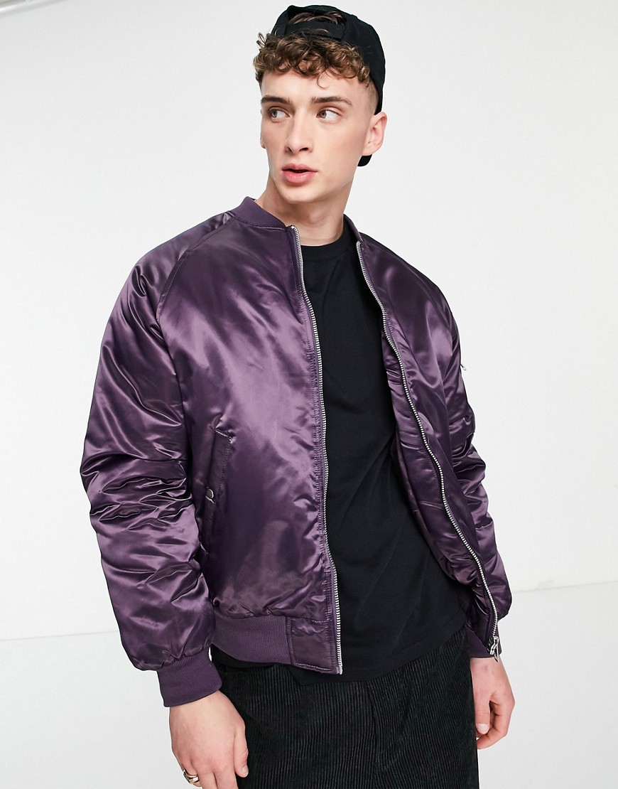 ASOS DESIGN padded bomber jacket with MA1 pocket in high shine purple