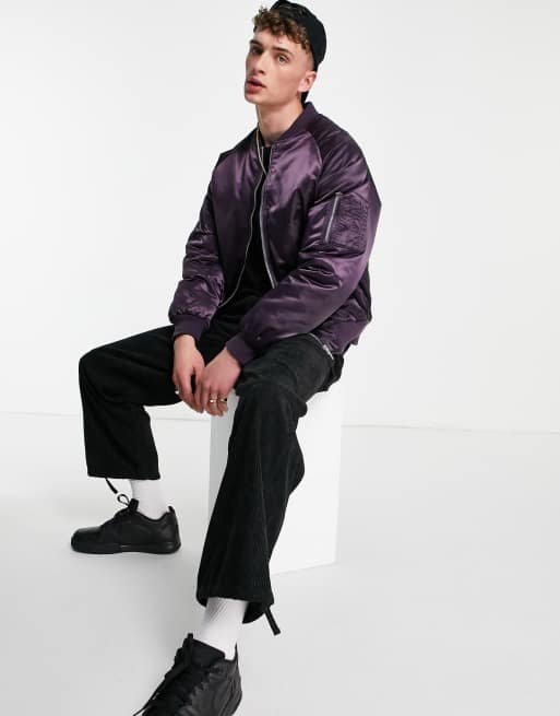 ASOS DESIGN padded bomber jacket with MA1 pocket in high shine purple