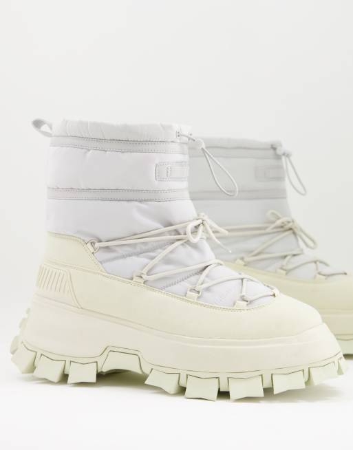ASOS DESIGN padded boots with strap detail in grey nylon with contrast sole