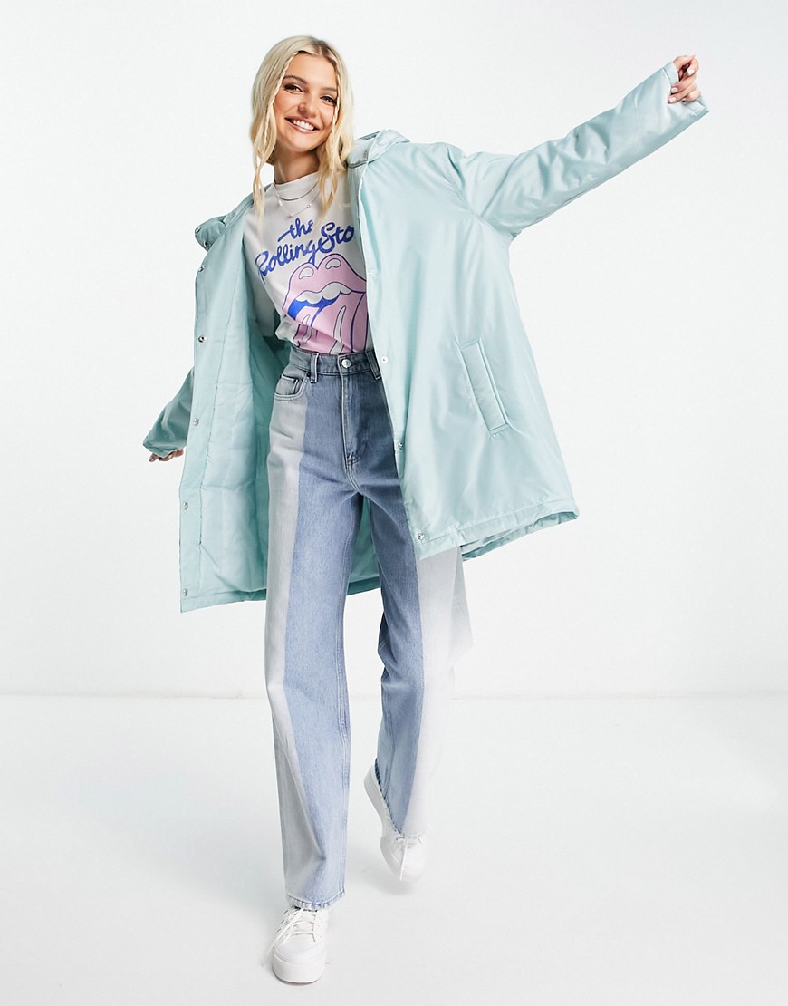ASOS DESIGN padded button through raincoat with hood in baby blue-Blues
