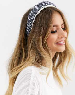 Asos Design Padded Headband In Houndstooth With Front Pearl