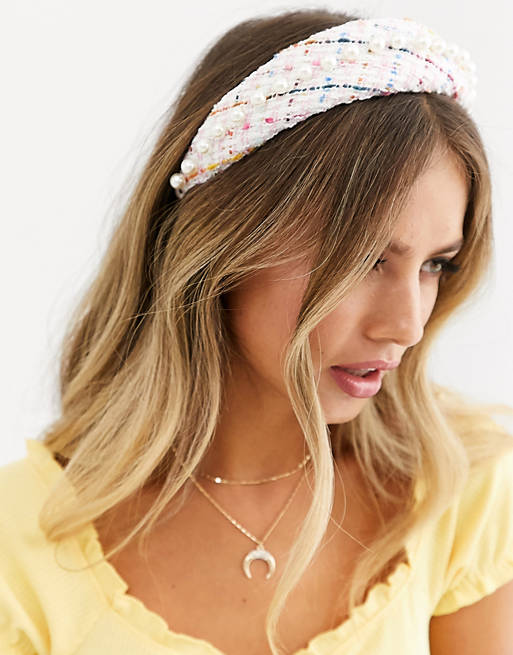 ASOS DESIGN padded headband in pink boucle with pearl embellishment | ASOS