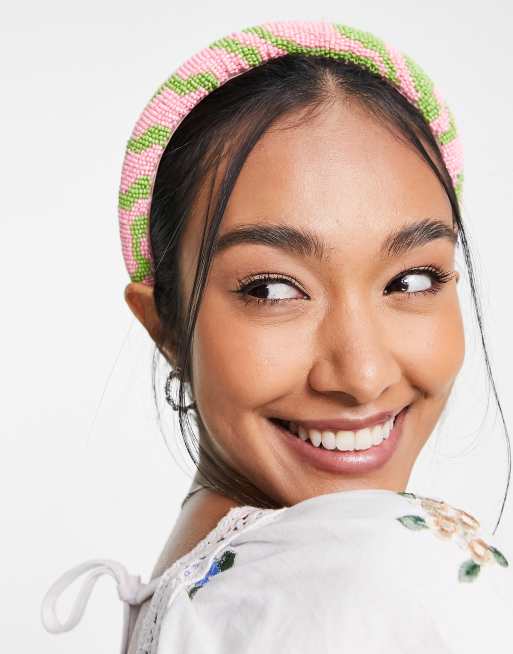 ASOS DESIGN padded headband with seedbead swirl print in multi
