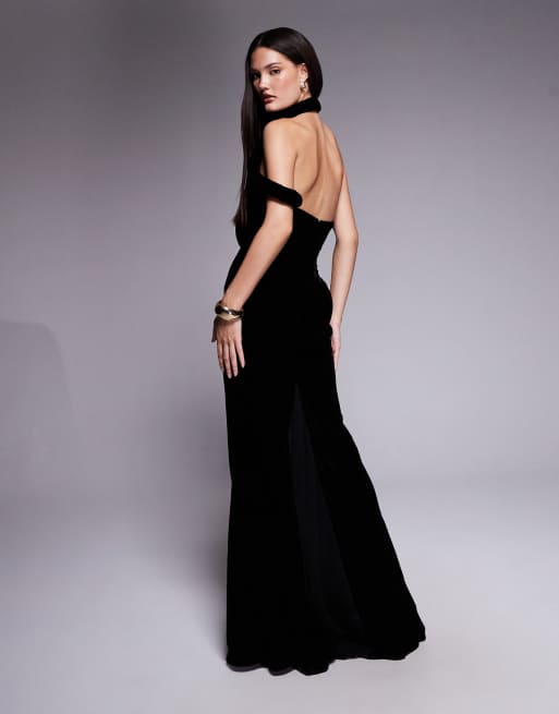 ASOS DESIGN padded neckline velvet maxi dress with sheer godet panels and train in black