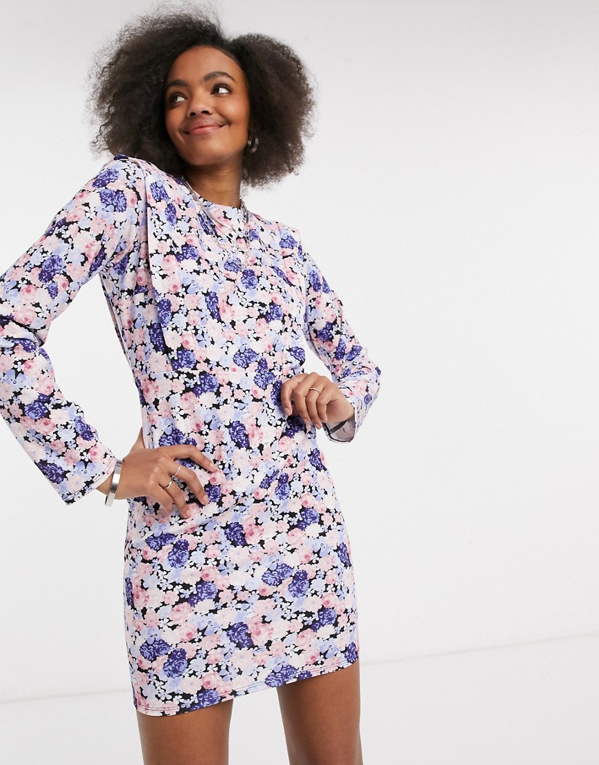 Asos Design Padded Shoulder Long Sleeve Mini Dress With Tie Back In Lilac And Blue Floral-pink