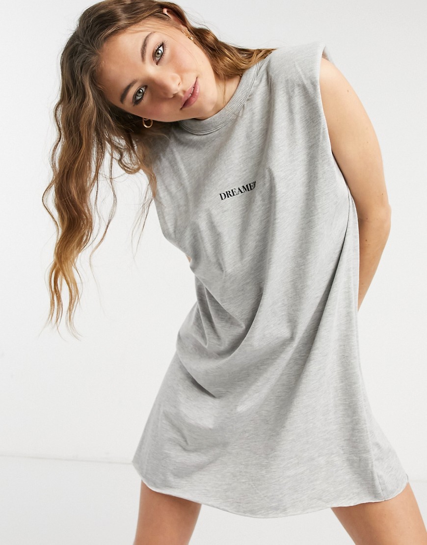 ASOS DESIGN padded shoulder sleeveless t-shirt dress with dreamer print in gray-Grey