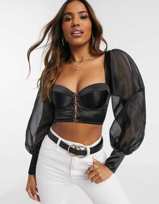 Black Mesh Padded Long Sleeve Bustier Crop Top