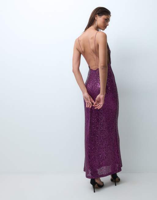 ASOS DESIGN paillet maxikjole med dyb rund hals og dyb udskæring i lilla, 4 af 4