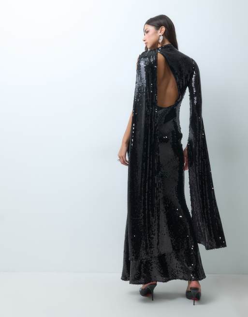 ASOS DESIGN paillet-maxikjole med ét ærme og tørklædedetalje i sort, 4 af 5