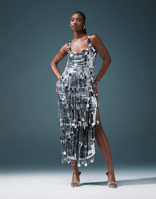 ASOS DESIGN paillette sequin embellished fringe midaxi dress ASOS DESIGN paillette sequin embellished fringe midaxi dress