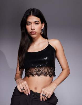 ASOS DESIGN - Pailletten-Camisole in Schwarz mit Spitzenborte