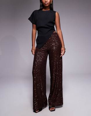 ASOS DESIGN - Pailletten-Hose in Schokobraun mit weitem Bein-Brown