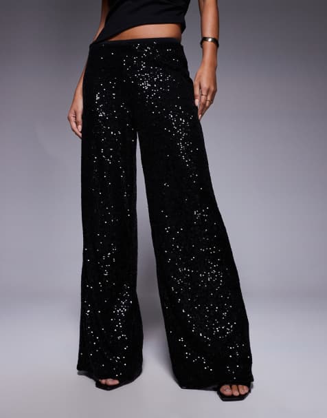 ASOS DESIGN – Pailletten-Hose in Schwarz mit weitem Bein - view 1