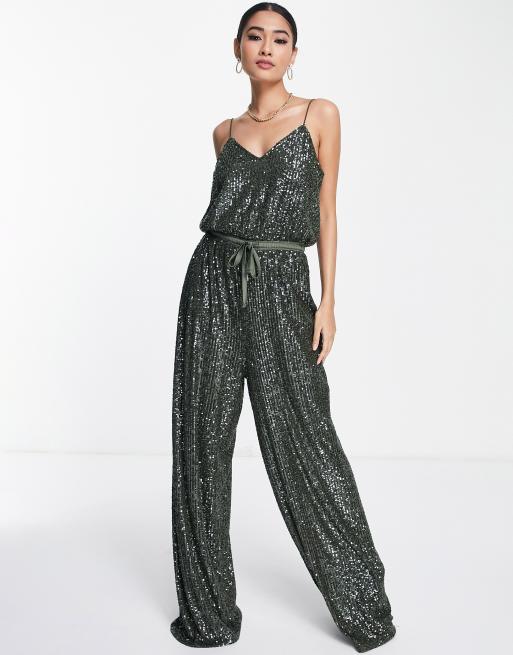 ASOS DESIGN Pailletten Jumpsuit in Khaki mit schmalen Tragern und weitem Bein ASOS