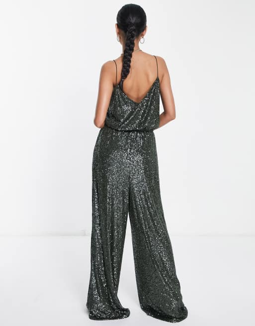 ASOS DESIGN Pailletten Jumpsuit in Khaki mit schmalen Tragern und weitem Bein ASOS