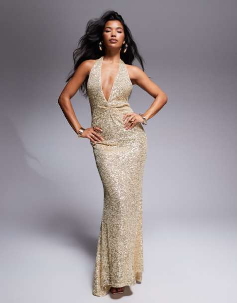 ASOS DESIGN – Pailletten-Maxikleid in Gold mit sehr tiefem Ausschnitt - view 1