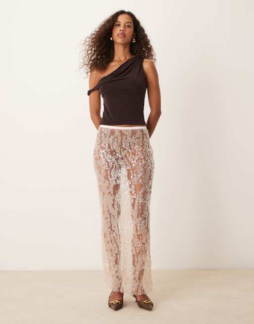 ASOS DESIGN – Pailletten-Midirock aus Netzstoff in Champagner, 3 von 5