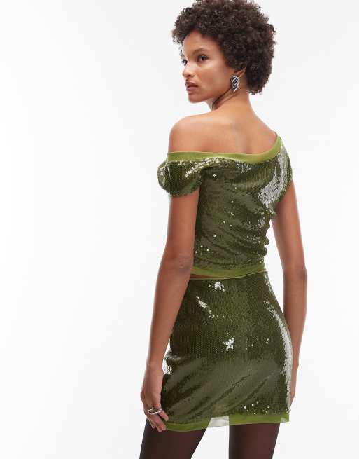 ASOS DESIGN – Pailletten-Minirock aus Netzstoffmix in Olivgrün, Kombiteil, 2 von 5