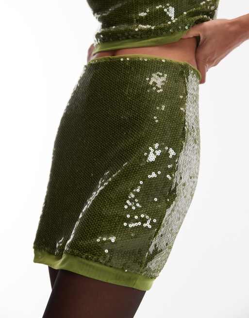 ASOS DESIGN – Pailletten-Minirock aus Netzstoffmix in Olivgrün, Kombiteil, 5 von 5